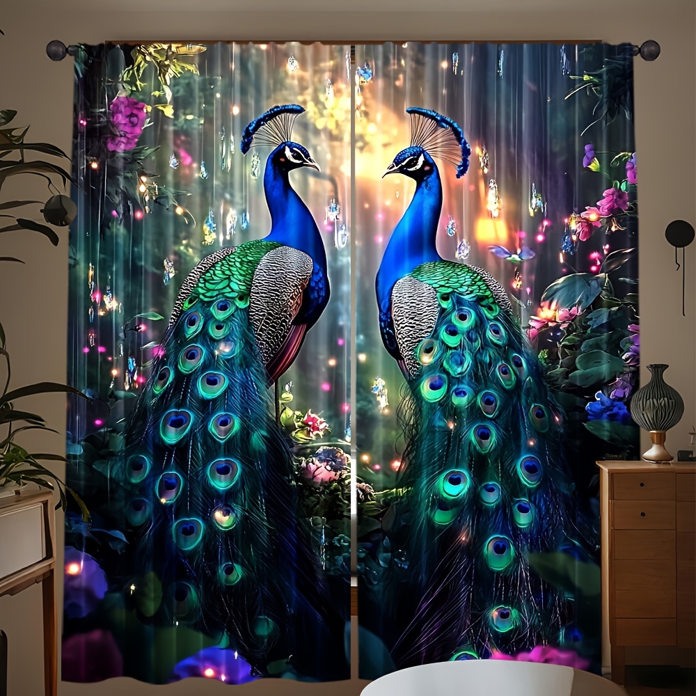 Interior Design Of Cafe - Blue Peacock and Flower Garden Curtains